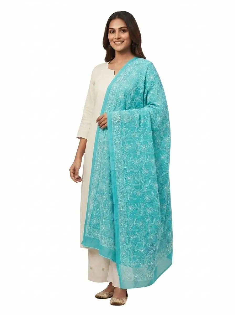 LCF CHIKAN EMBROIDERED DUPATTA - SEA GREEN view 2