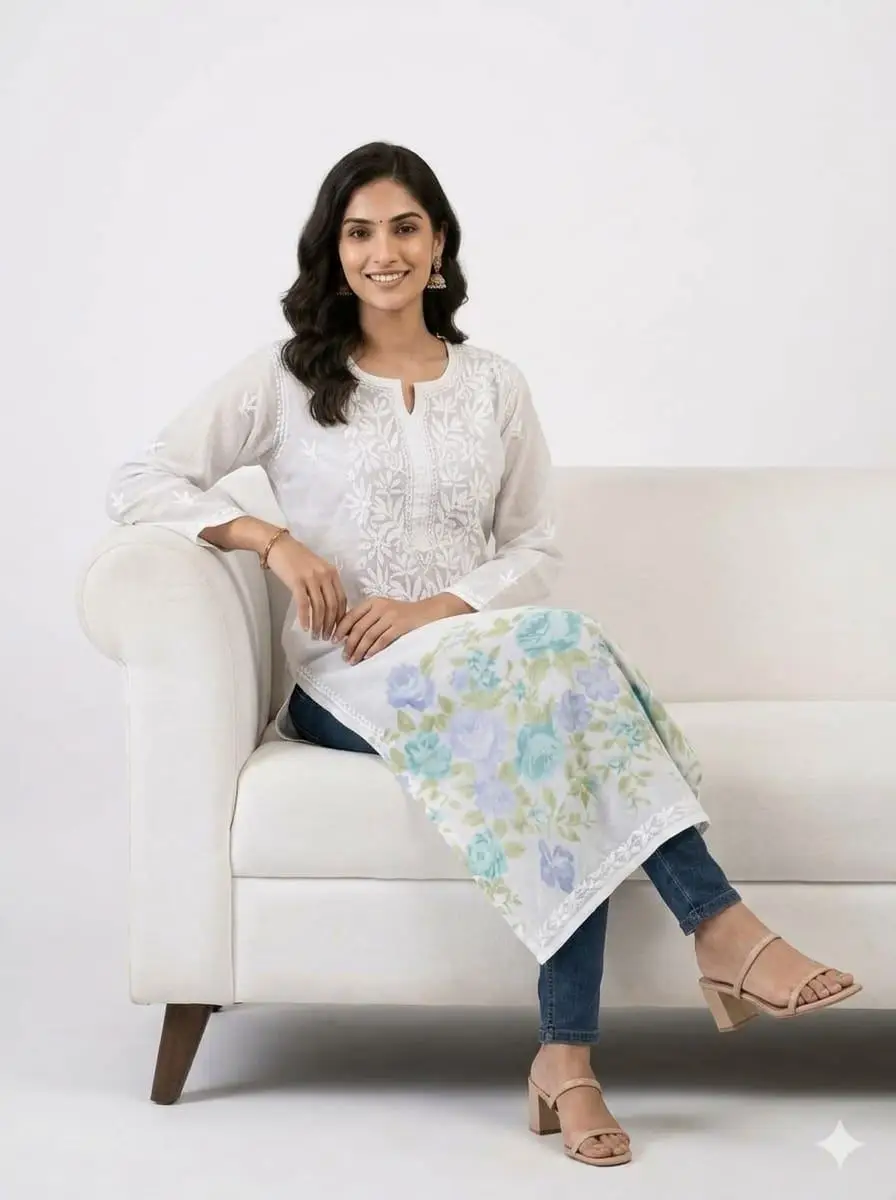 LCF Women's Mal Print Long Kurti with Ghass Patti Work - Print 01 view 3