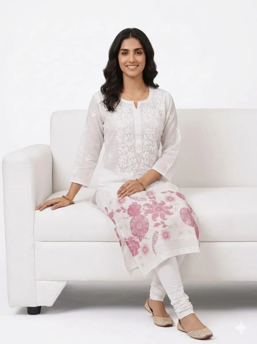 LCF Women's Mal Print Long Kurti with Ghass Patti Work - Print 02 view 3