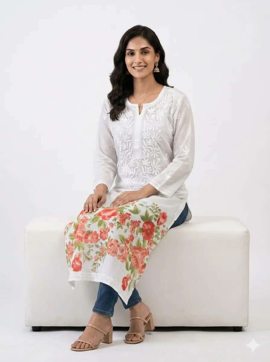LCF Women's Mal Print Long Kurti with Ghass Patti Work - Print 03 view 3
