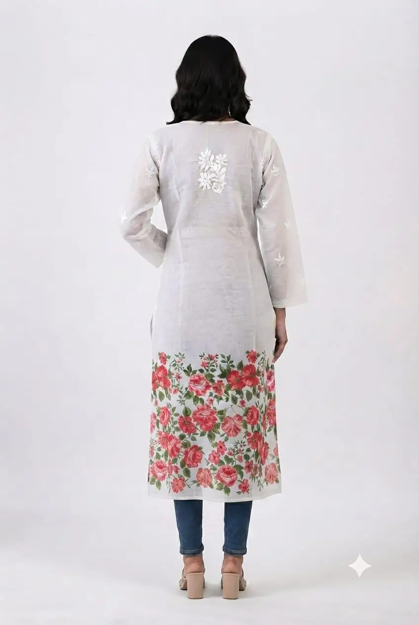 LCF Women's Mal Print Long Kurti with Ghass Patti Work - Print 04 view 2
