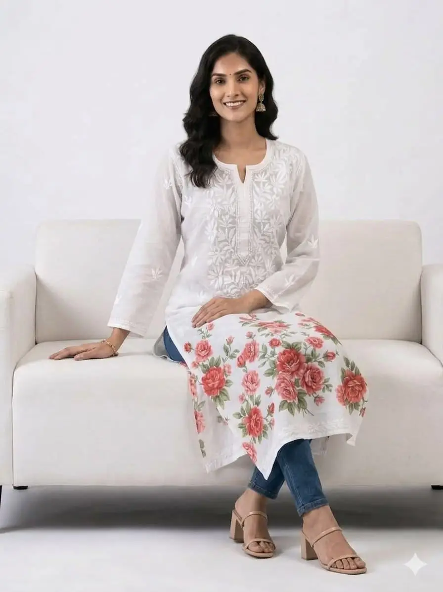LCF Women's Mal Print Long Kurti with Ghass Patti Work - Print 04 view 3