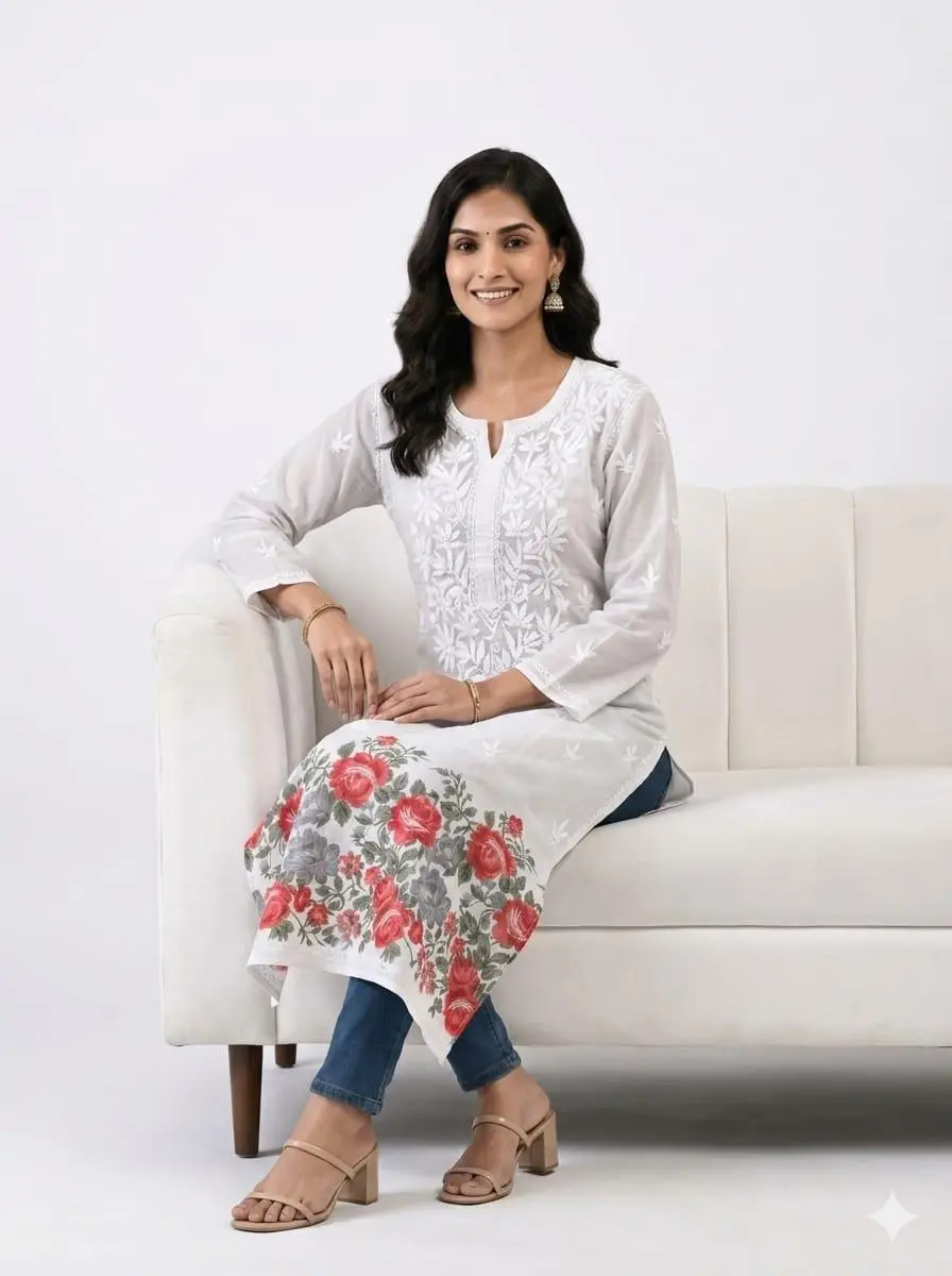 LCF Women's Mal Print Long Kurti with Ghass Patti Work - Print 05 view 3