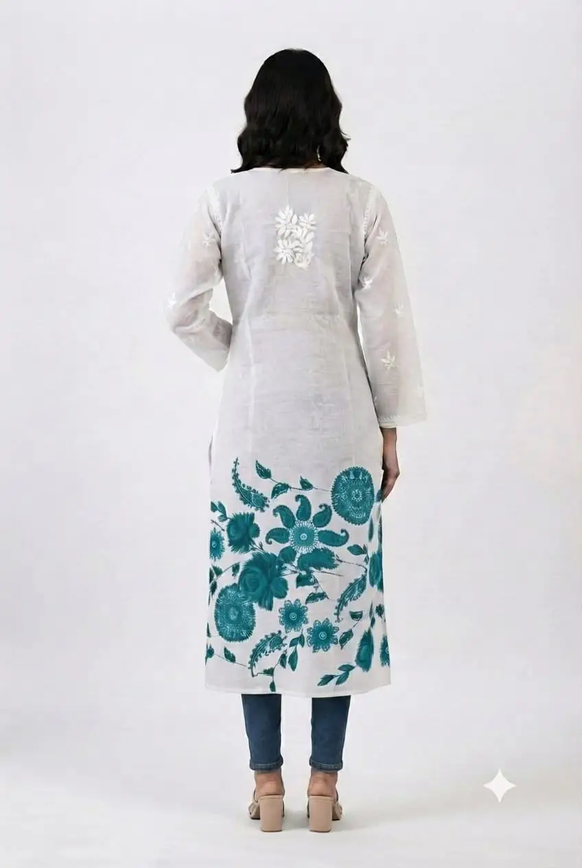 LCF Women's Mal Print Long Kurti with Ghass Patti Work - Print 06 view 2