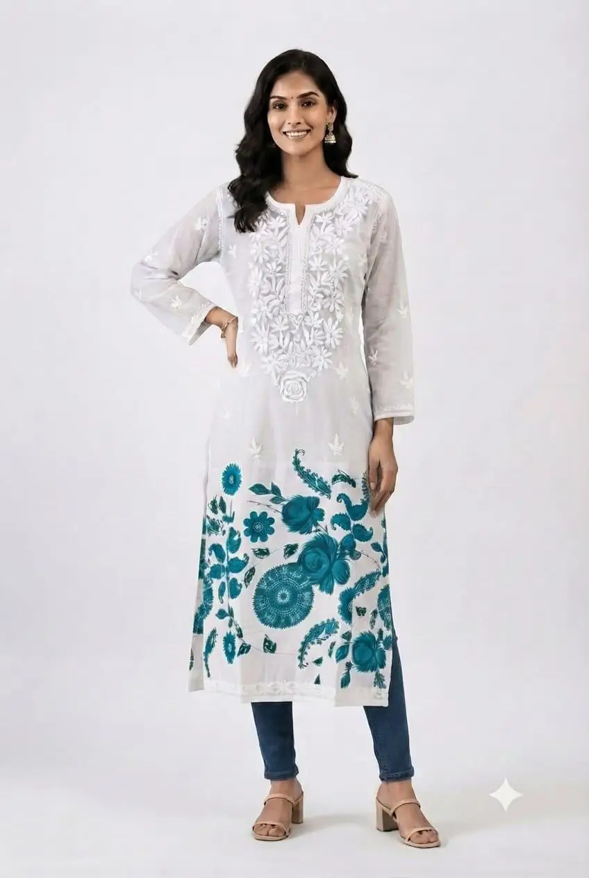 LCF Women's Mal Print Long Kurti with Ghass Patti Work - Print 06 view 3