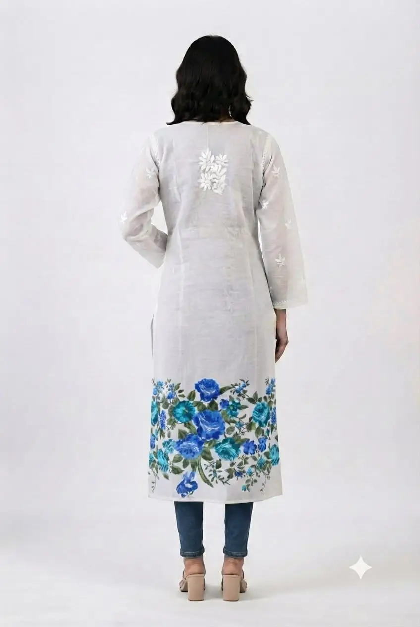 LCF Women's Mal Print Long Kurti with Ghass Patti Work - Print 07 view 2