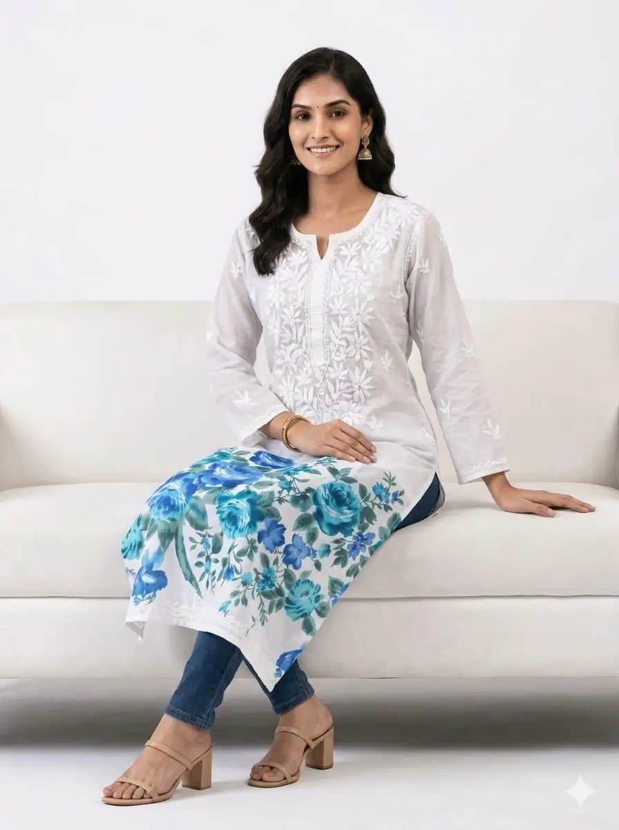 LCF Women's Mal Print Long Kurti with Ghass Patti Work - Print 07 view 3