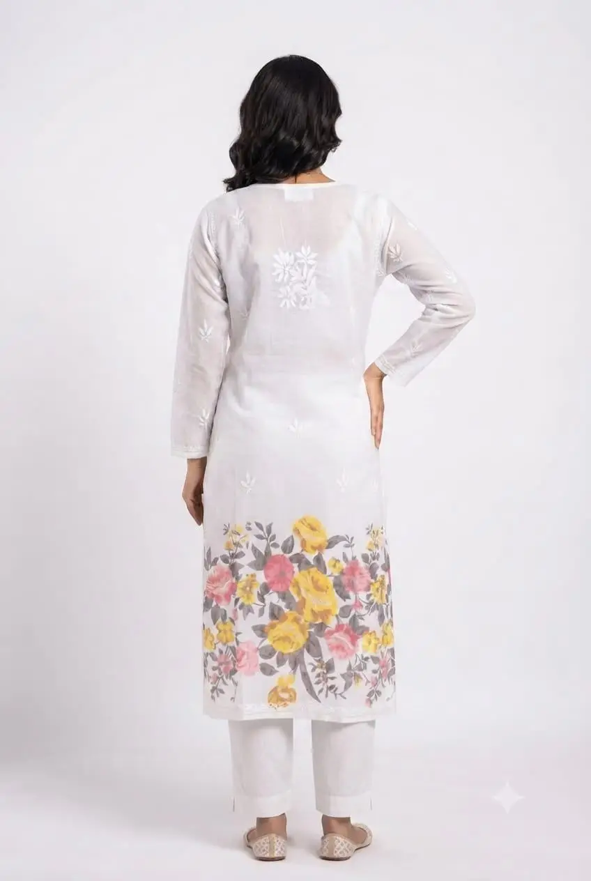 LCF Women's Mal Print Long Kurti with Ghass Patti Work - Print 08 view 2