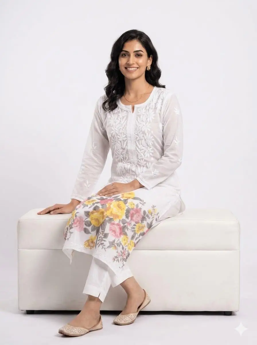 LCF Women's Mal Print Long Kurti with Ghass Patti Work - Print 08 view 3