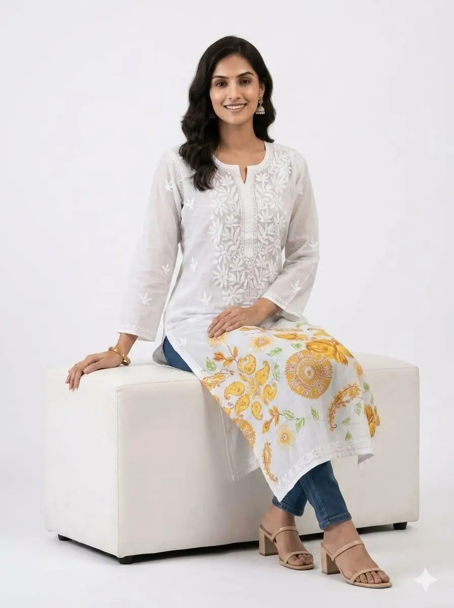 LCF Women's Mal Print Long Kurti with Ghass Patti Work - Print 09 view 3