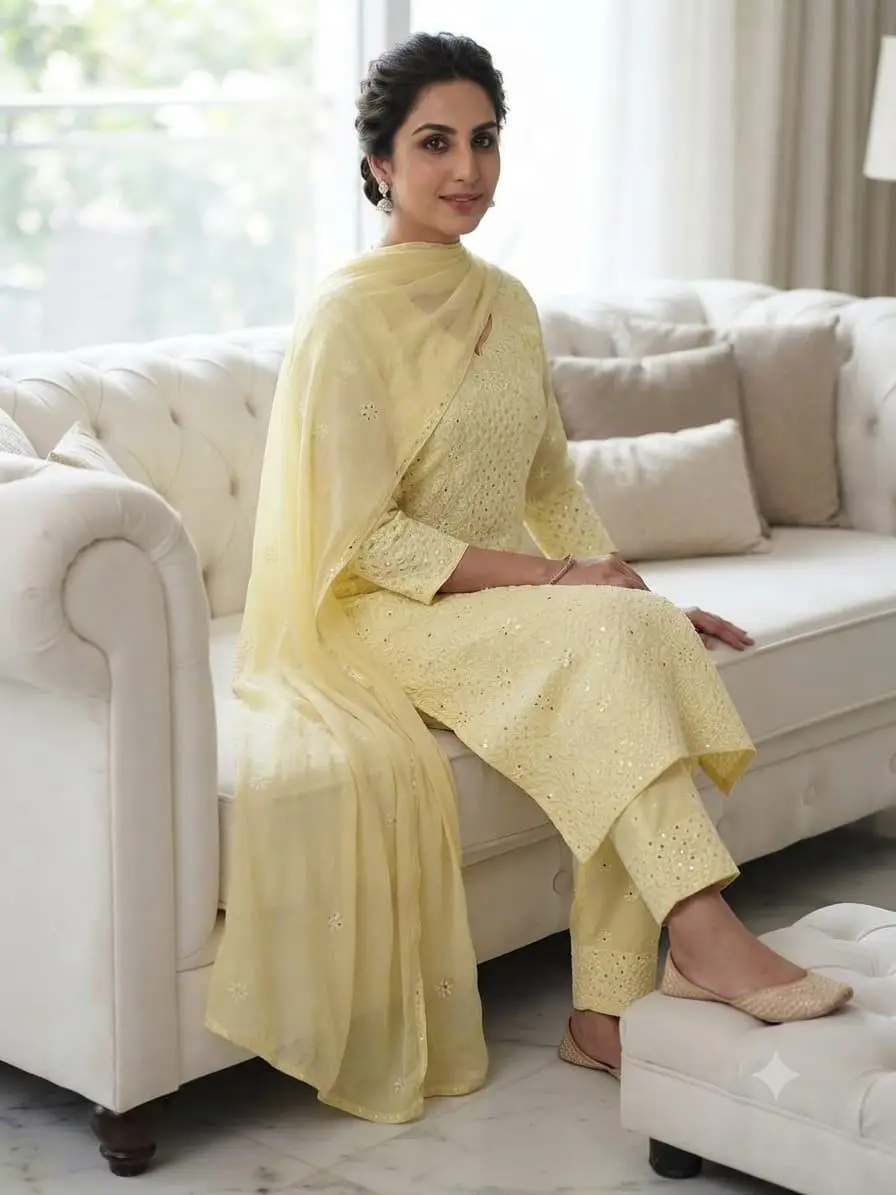 UNSTITCHED MAL COTTON DRESS MATERIAL CHIKAN EMROIDERY WITH MUKESH WORK (KURTI, DUPATTA BOTTOM) - LIGHT YELLOW view 2