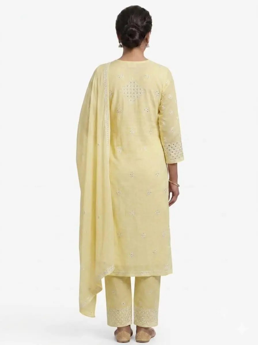 UNSTITCHED MAL COTTON DRESS MATERIAL CHIKAN EMROIDERY WITH MUKESH WORK (KURTI, DUPATTA BOTTOM) - LIGHT YELLOW view 3