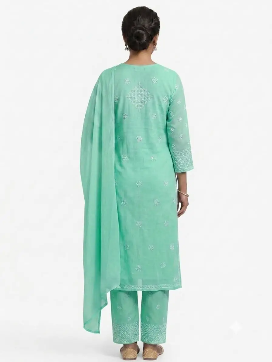 UNSTITCHED MAL COTTON DRESS MATERIAL CHIKAN EMROIDERY WITH MUKESH WORK (KURTI, DUPATTA BOTTOM) - SEA GREEN view 2