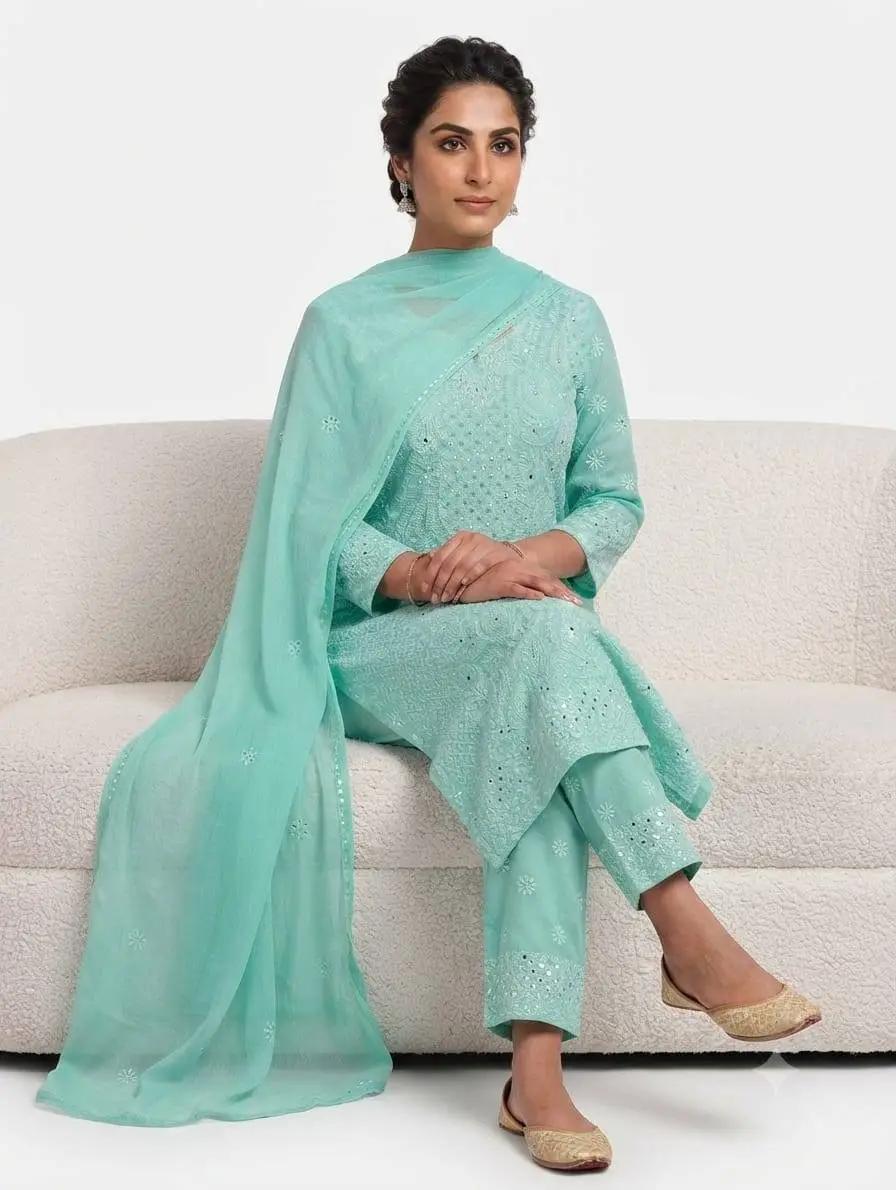 UNSTITCHED MAL COTTON DRESS MATERIAL CHIKAN EMROIDERY WITH MUKESH WORK (KURTI, DUPATTA BOTTOM) - SEA GREEN view 3