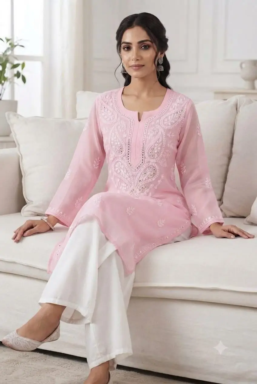 LCF WOMEN CHIFFON CHIKAN EMBROIDERY KURTI WITH MIRROR WORK - BABY PINK view 2