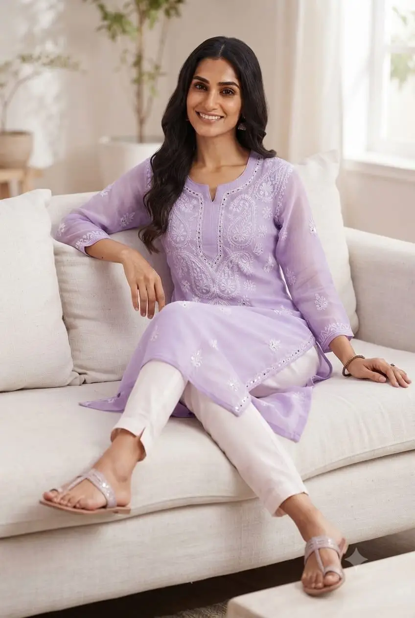 LCF WOMEN CHIFFON CHIKAN EMBROIDERY KURTI WITH MIRROR WORK - LAVENDER view 2