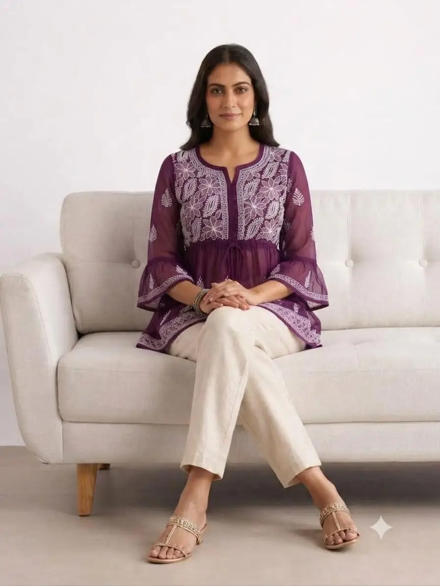 LCF CHIKAN EMBORIDERY SHORT TOP FROCK STYLE - WINE view 2
