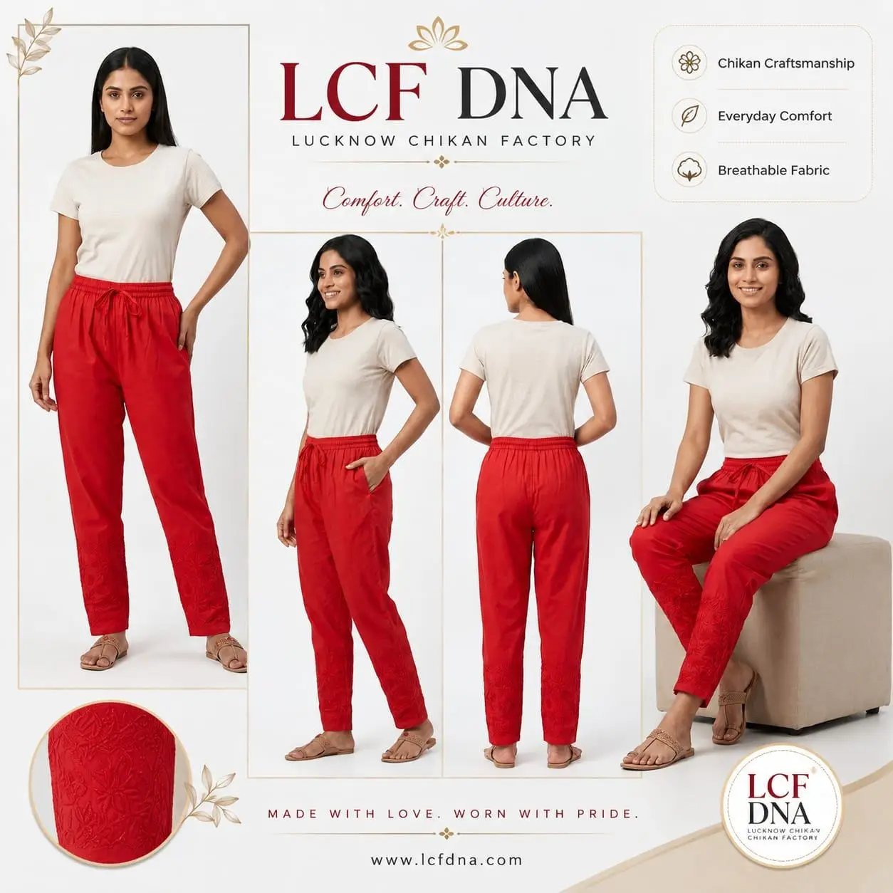 Chikan Embroidered Red Pants view 5