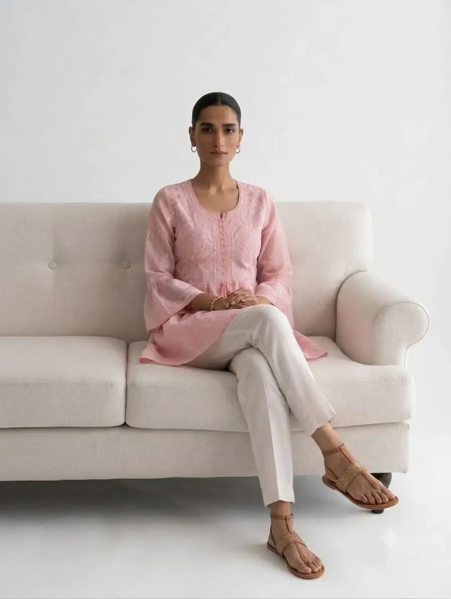 LCF CHIKAN EMBORIDERY SHORT TOP FROCK STYLE - BABY PINK view 2