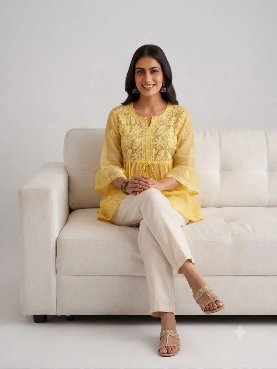 LCF CHIKAN EMBORIDERY SHORT TOP FROCK STYLE - YELLOW view 2