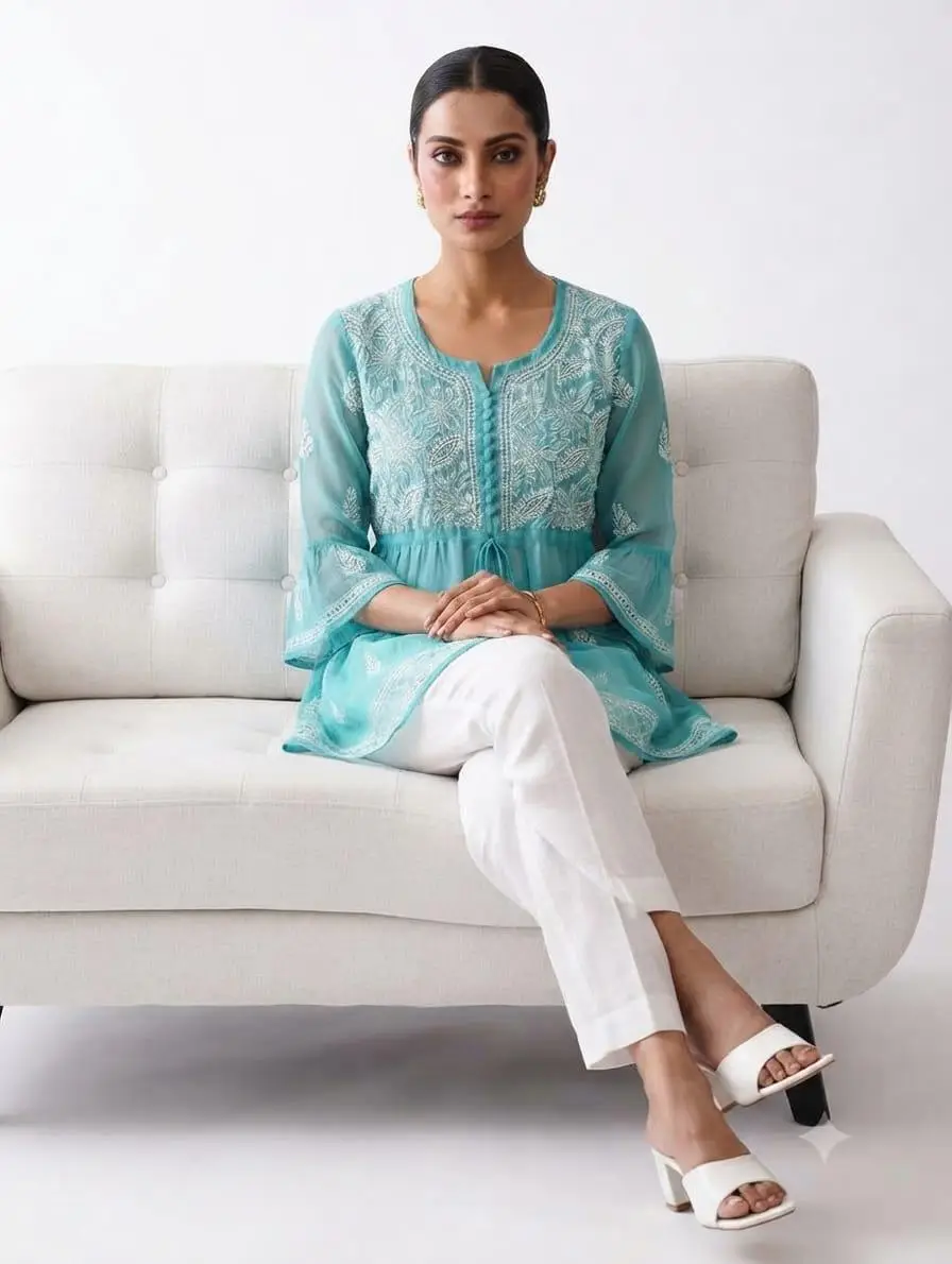 LCF CHIKAN EMBORIDERY SHORT TOP FROCK STYLE - LIGHT BLUE view 2