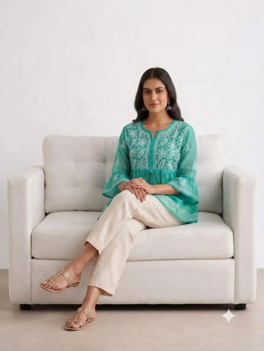 LCF CHIKAN EMBORIDERY SHORT TOP FROCK STYLE -GREEN view 2