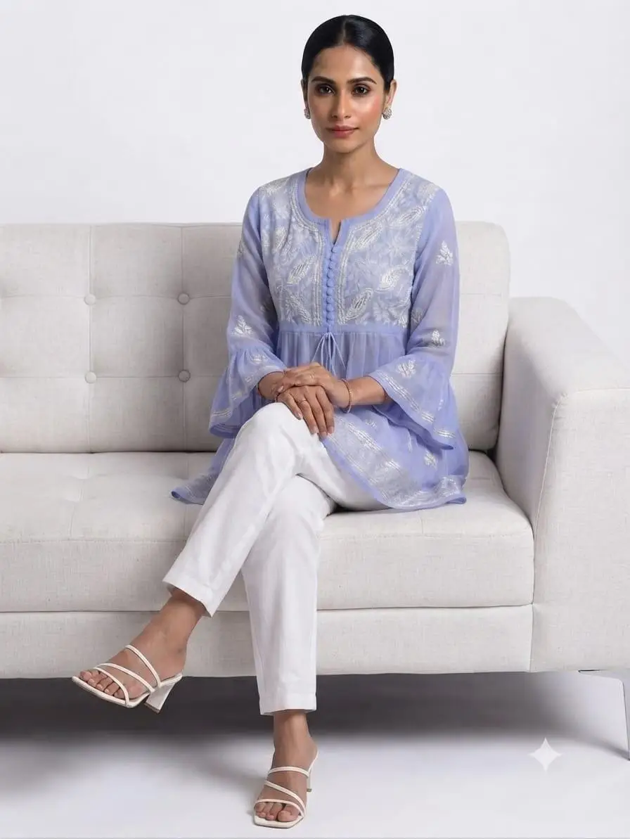 LCF CHIKAN EMBORIDERY SHORT TOP FROCK STYLE -LAVENDER view 2