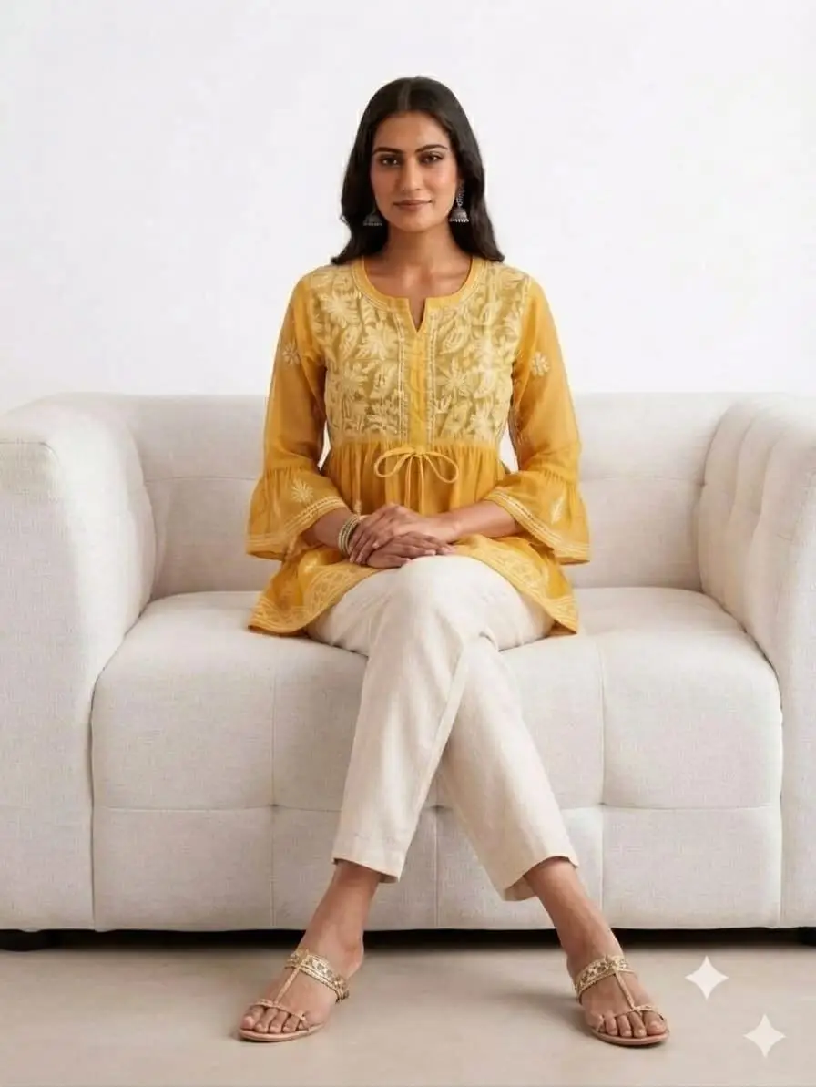 LCF CHIKAN EMBORIDERY SHORT TOP FROCK STYLE - MANGO YELLOW view 2