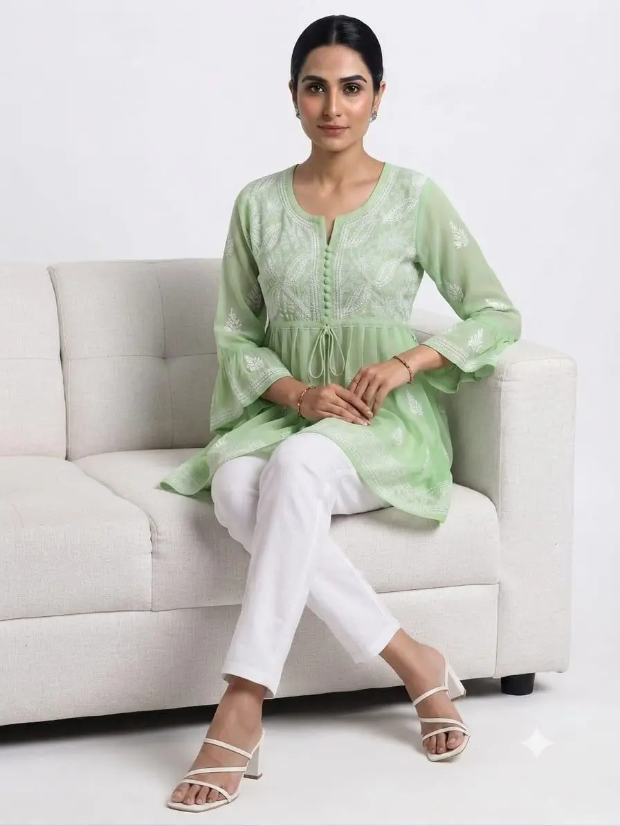LCF CHIKAN EMBORIDERY SHORT TOP FROCK STYLE - LIGHT GREEN view 2