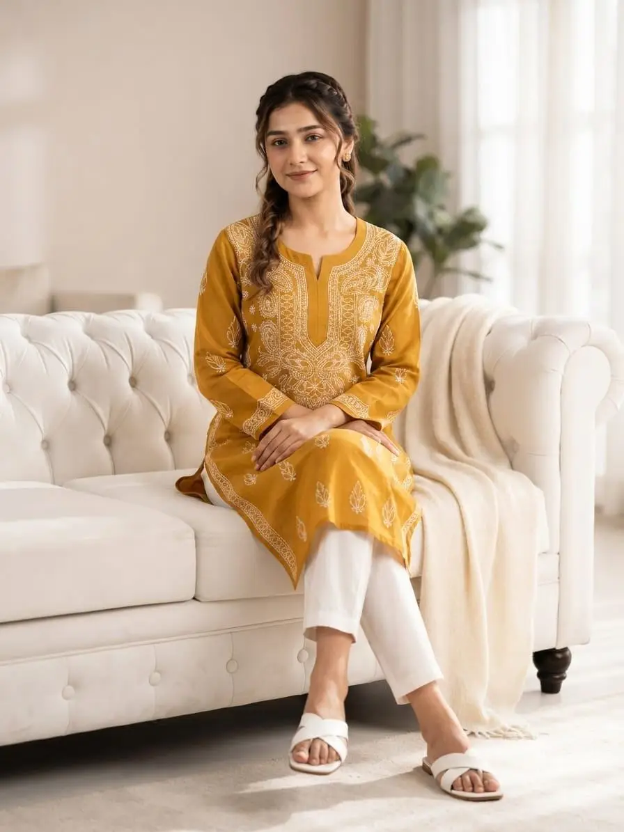 LCF CHIKAN EMBROIDERY LONG KURTI - MUSTARD YELLOW view 2