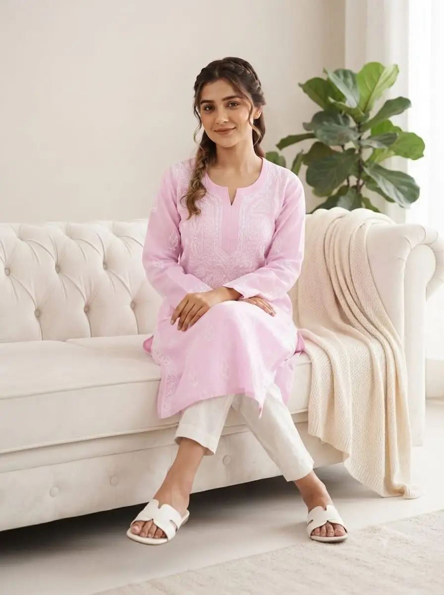 LCF CHIKAN EMBROIDERY LONG KURTI - BABY PINK view 2