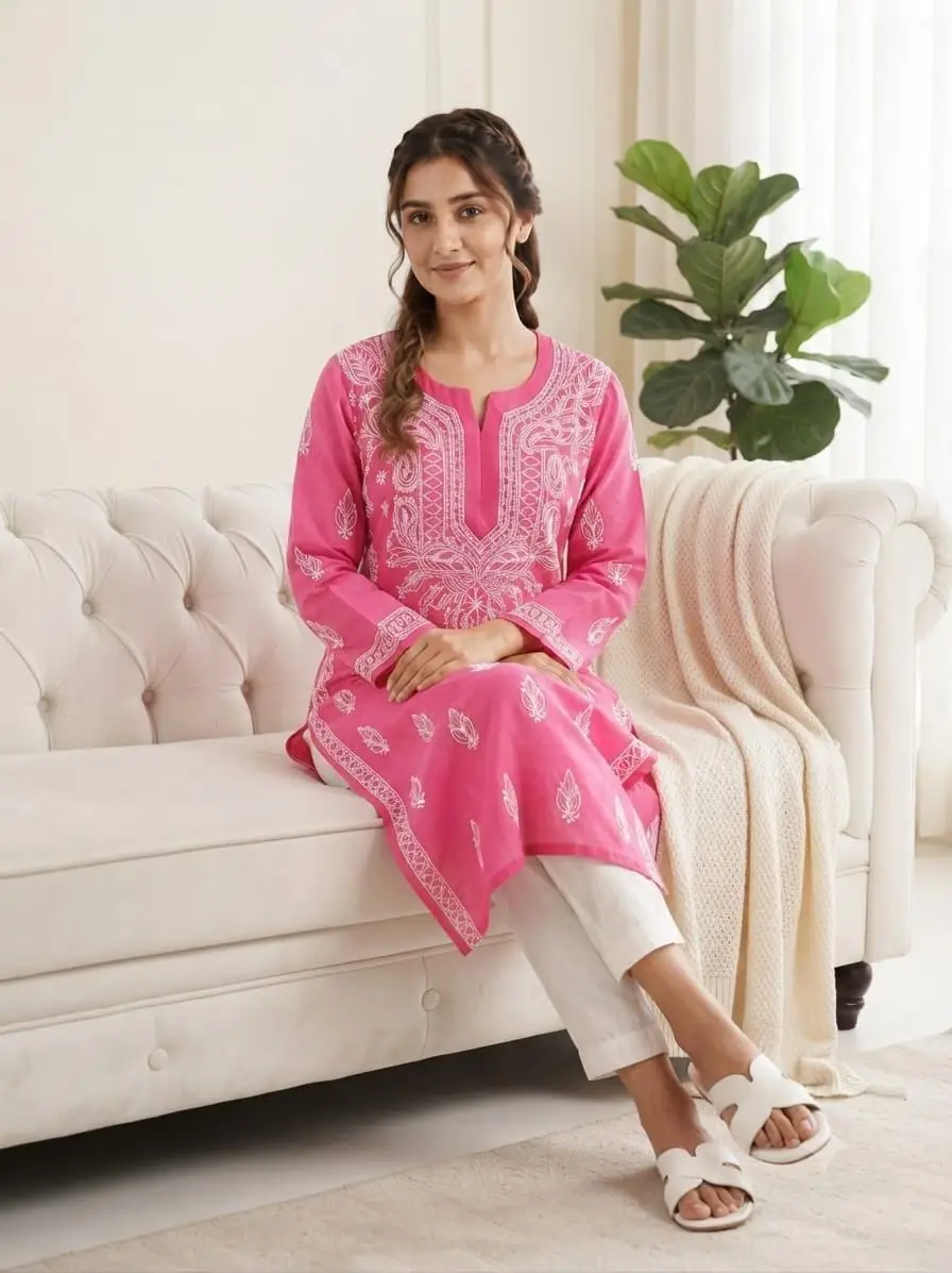LCF CHIKAN EMBROIDERY LONG KURTI - RANI PINK view 2