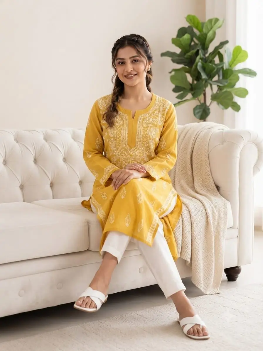 LCF CHIKAN EMBROIDERY LONG KURTI - YELLOW view 2