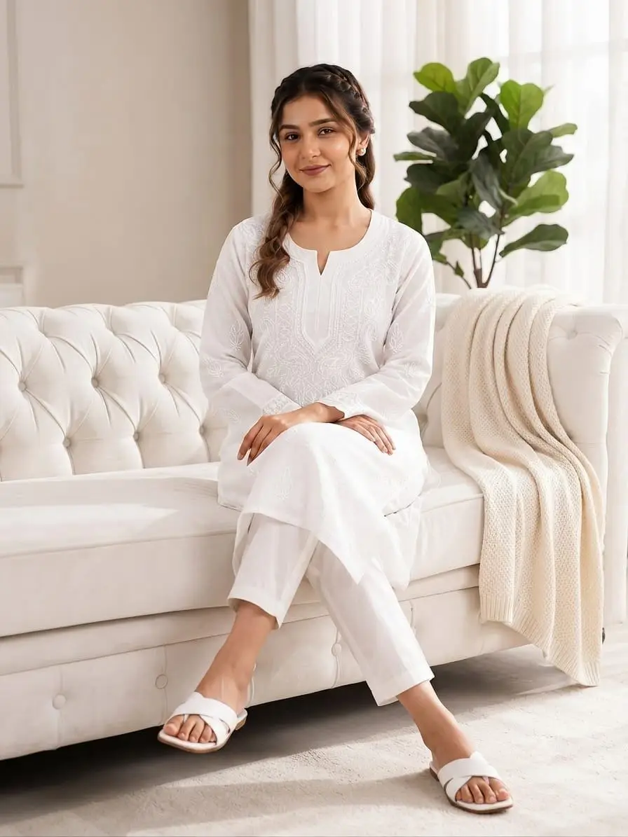LCF CHIKAN EMBROIDERY LONG KURTI - WHITE view 2
