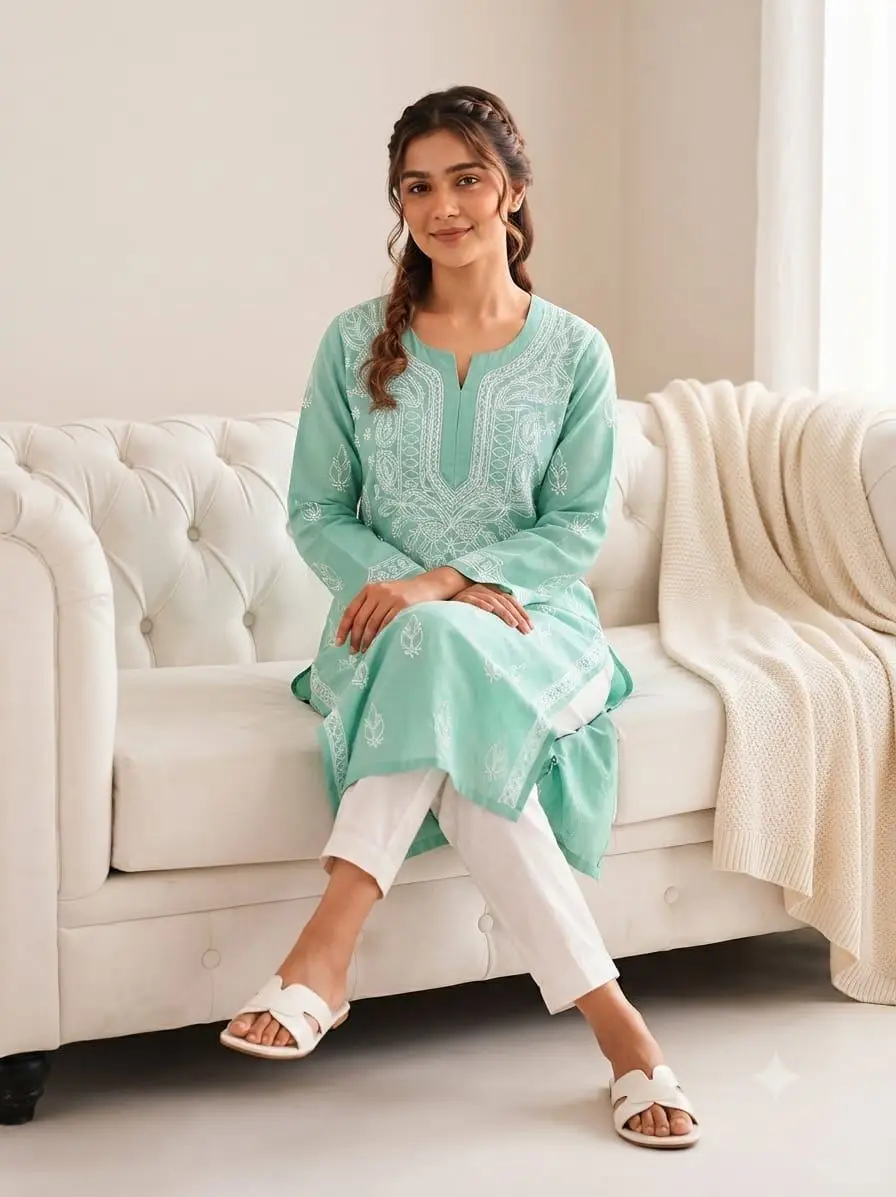 LCF CHIKAN EMBROIDERY LONG KURTI - SEA GREEN view 2