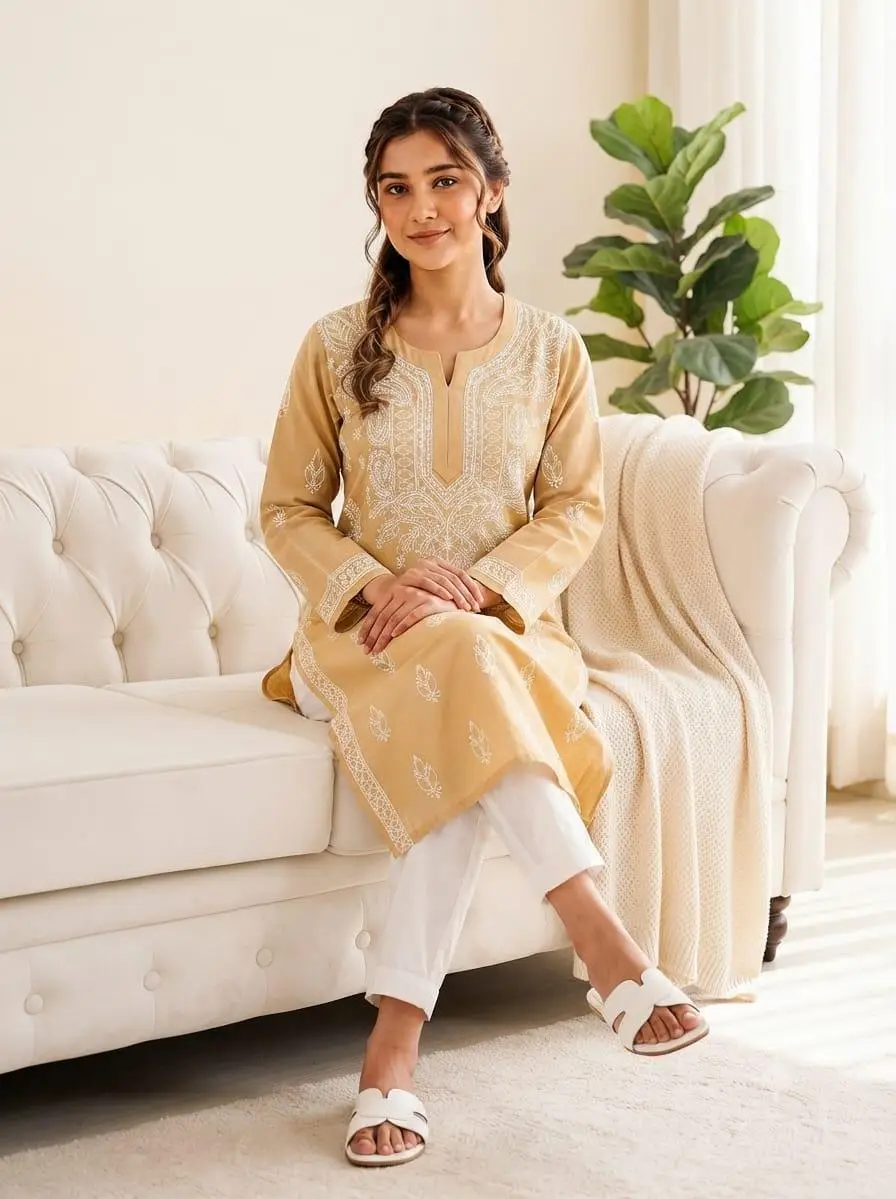 LCF CHIKAN EMBROIDERY LONG KURTI - LIGHT CREAM view 2