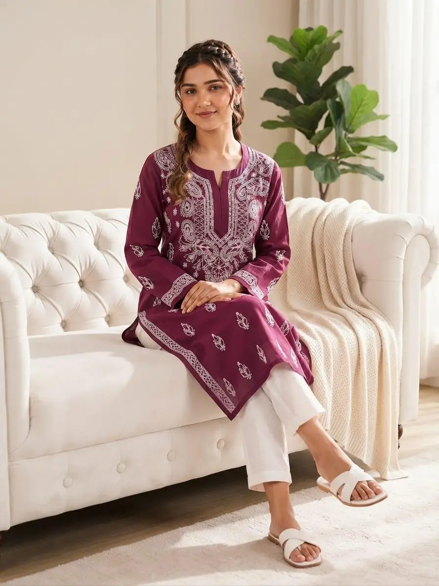 LCF CHIKAN EMBROIDERY LONG KURTI - MAROON view 2