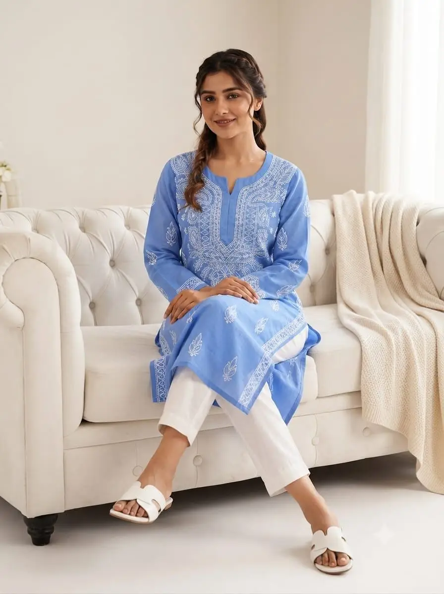 LCF CHIKAN EMBROIDERY LONG KURTI - LIGHT BLUE view 2