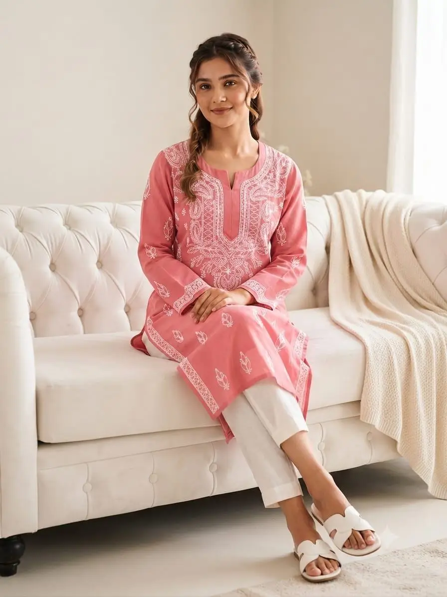 LCF CHIKAN EMBROIDERY LONG KURTI - CARROT view 2