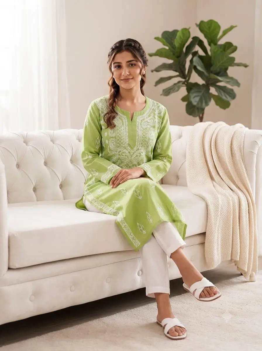 LCF CHIKAN EMBROIDERY LONG KURTI - PARROT GREEN view 2