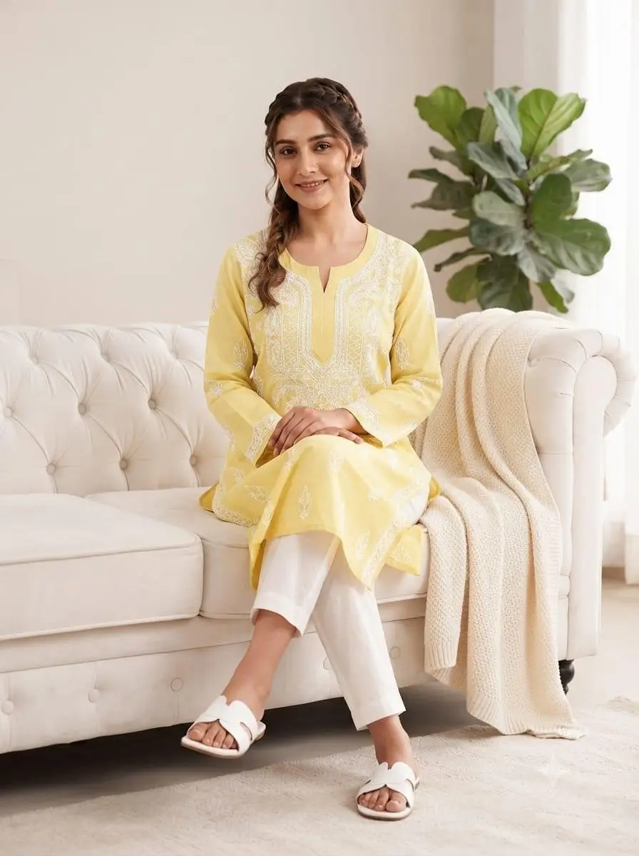 LCF CHIKAN EMBROIDERY LONG KURTI - LEMON YELLOW view 2