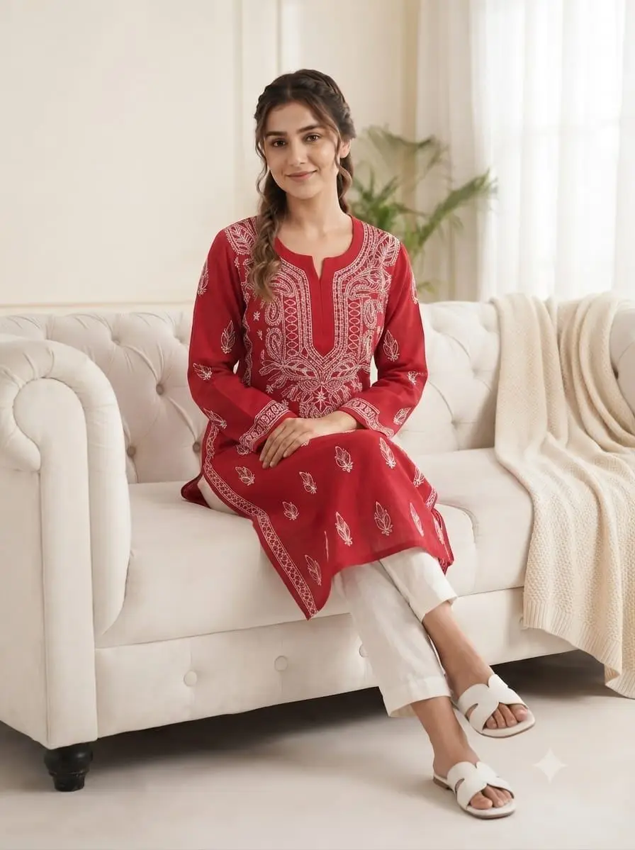 LCF CHIKAN EMBROIDERY LONG KURTI - RED view 2