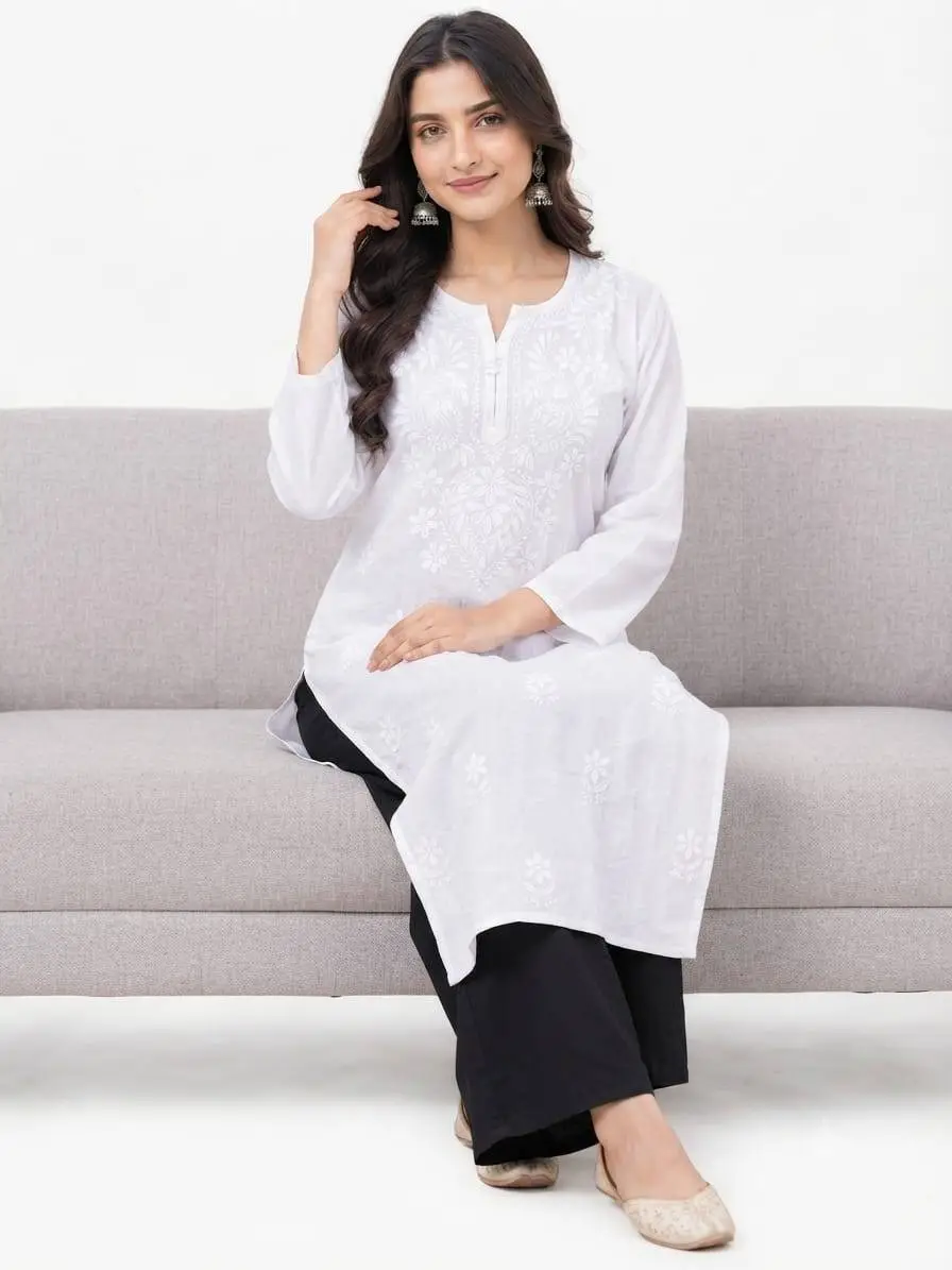LCF CHIKAN  EMBROIDERY KURTI - WHITE view 3