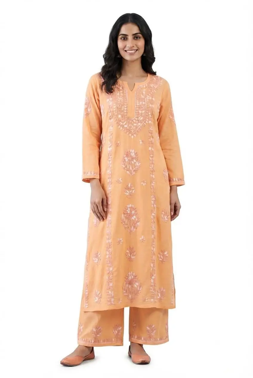 LCF CHIKAN EMBROIDERY MULTI THREAD PLAZO SET -LIGHT PEACH