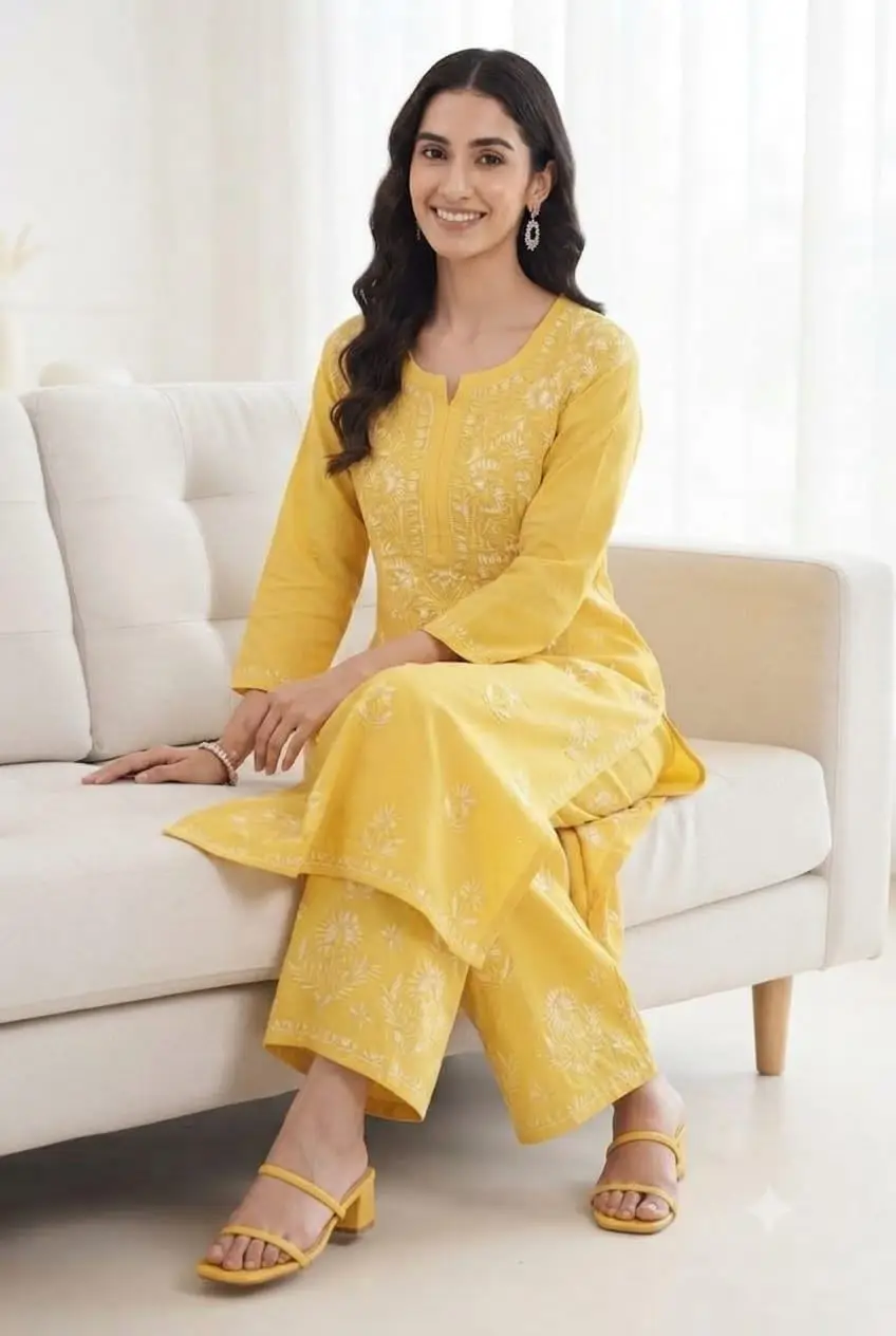 LCF CHIKAN EMBROIDERY MULTI THREAD PLAZO SET - YELLOW