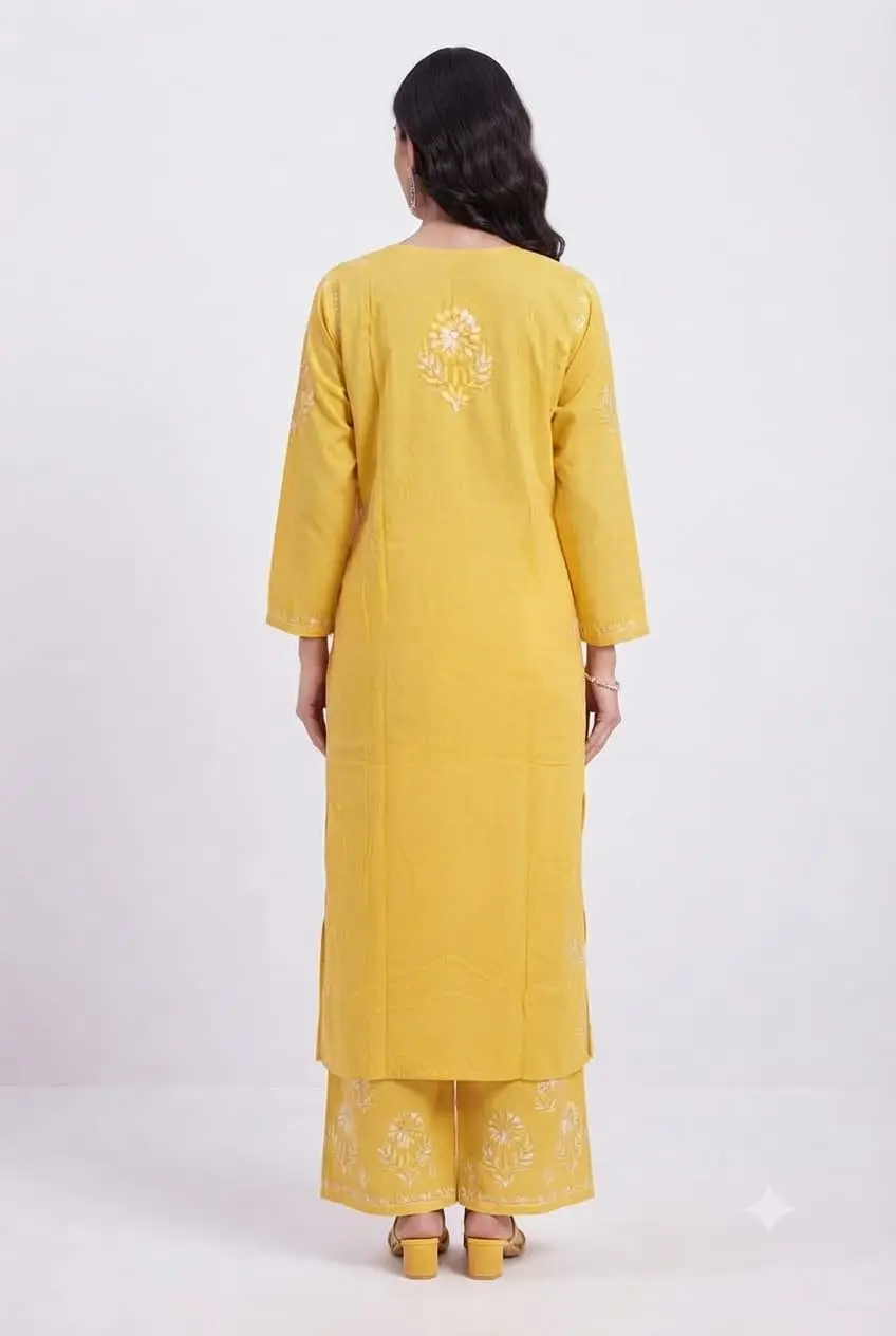 LCF CHIKAN EMBROIDERY MULTI THREAD PLAZO SET - YELLOW view 2