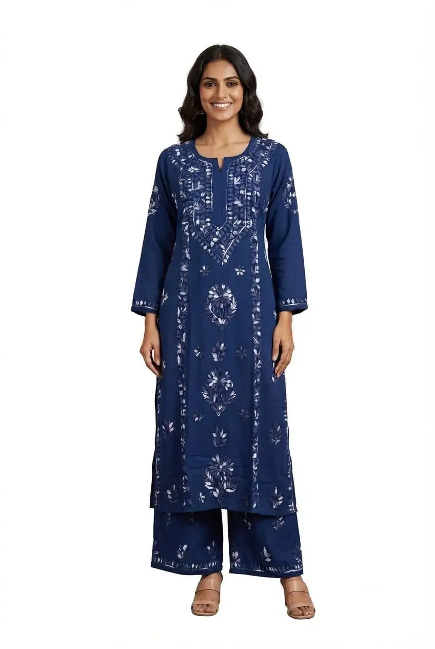 LCF CHIKAN EMBROIDERY MULTI THREAD PLAZO SET - NAVY BLUE