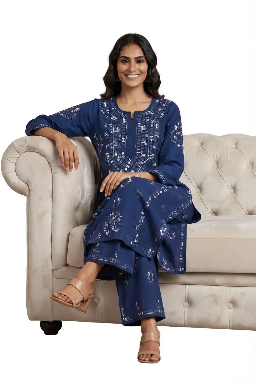 LCF CHIKAN EMBROIDERY MULTI THREAD PLAZO SET - NAVY BLUE view 3