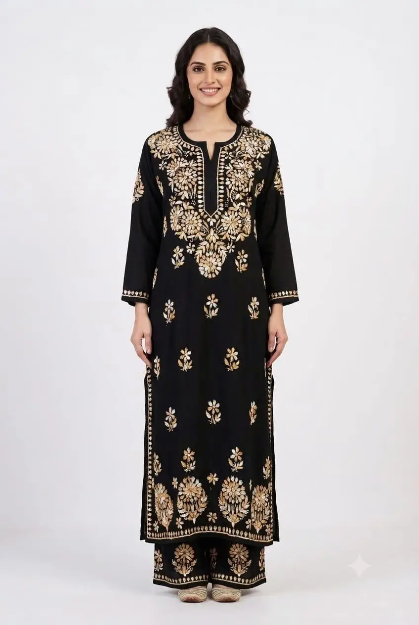 LCF CHIKAN EMBROIDERY MULTI BROWN THREAD PLAZO SET - BLACK