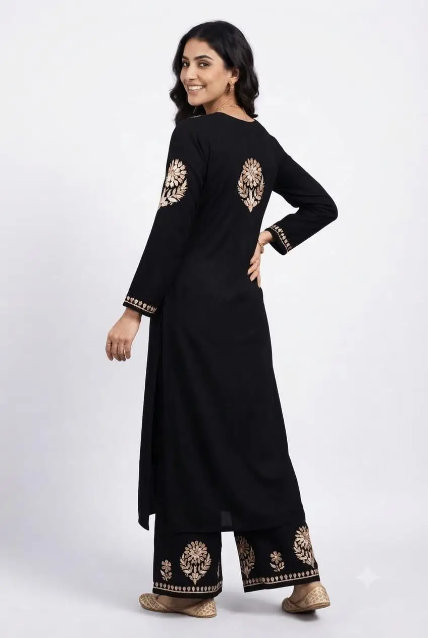 LCF CHIKAN EMBROIDERY MULTI BROWN THREAD PLAZO SET - BLACK view 2